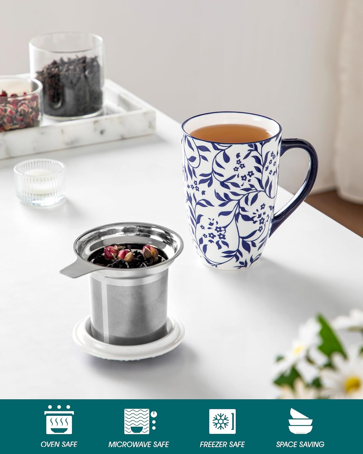 vancasso SELENE Porcelain Tea Mug, 18 oz Porcelain Tea Cup with Infuser and Lid Steeps Loose Leaf Tea, Microwave & Dishwasher Safe, Five-Leaf Clover