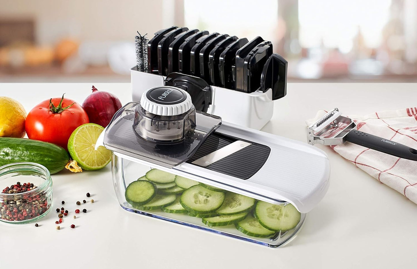 Fullstar Pro Mandoline Vegetable Slicer, Grater & Spiralizer with Container | 6 in 1 Fruit Cutter, Cheese Grater & Spiralizer with Safety Gloves, Stainless Steel Blades & Container (Black)