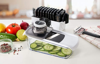 Fullstar Pro Mandoline Vegetable Slicer, Grater & Spiralizer with Container | 6 in 1 Fruit Cutter, Cheese Grater & Spiralizer with Safety Gloves, Stainless Steel Blades & Container (Black)