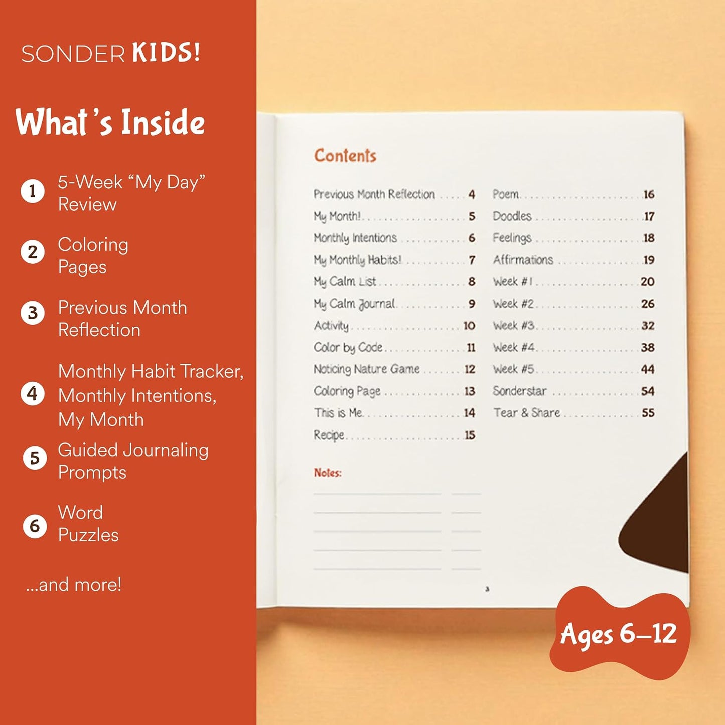 Sonder Kids Wellness Gratitude Journal - Kids Journal for Girls and Boys, Hands-On Activities like Crosswords, Coloring and Nature Prompts, Undated, Ages 6-12, 56 pages