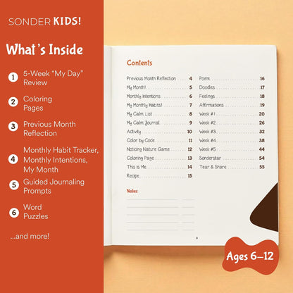 Sonder Kids Wellness Gratitude Journal - Kids Journal for Girls and Boys, Hands-On Activities like Crosswords, Coloring and Nature Prompts, Undated, Ages 6-12, 56 pages