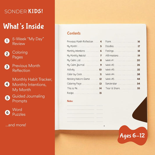 Sonder Kids Wellness Gratitude Journal - Kids Journal for Girls and Boys, Hands-On Activities like Crosswords, Coloring and Nature Prompts, Undated, Ages 6-12, 56 pages