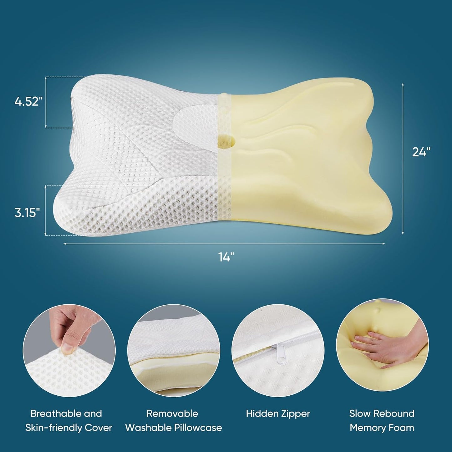 Sweetcrispy Cervical Pillow for Neck and Shoulder - Ergonomic Memory Foam Pillows, Contour Side Sleeper for Adults, Cooling Orthopedic Neck Support for Back Stomach Sleepers, White