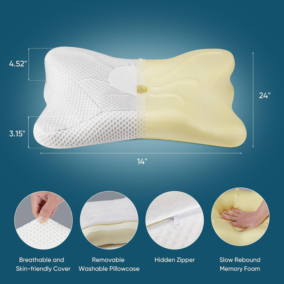 Sweetcrispy Cervical Pillow for Neck and Shoulder - Ergonomic Memory Foam Pillows, Contour Side Sleeper for Adults, Cooling Orthopedic Neck Support for Back Stomach Sleepers, White