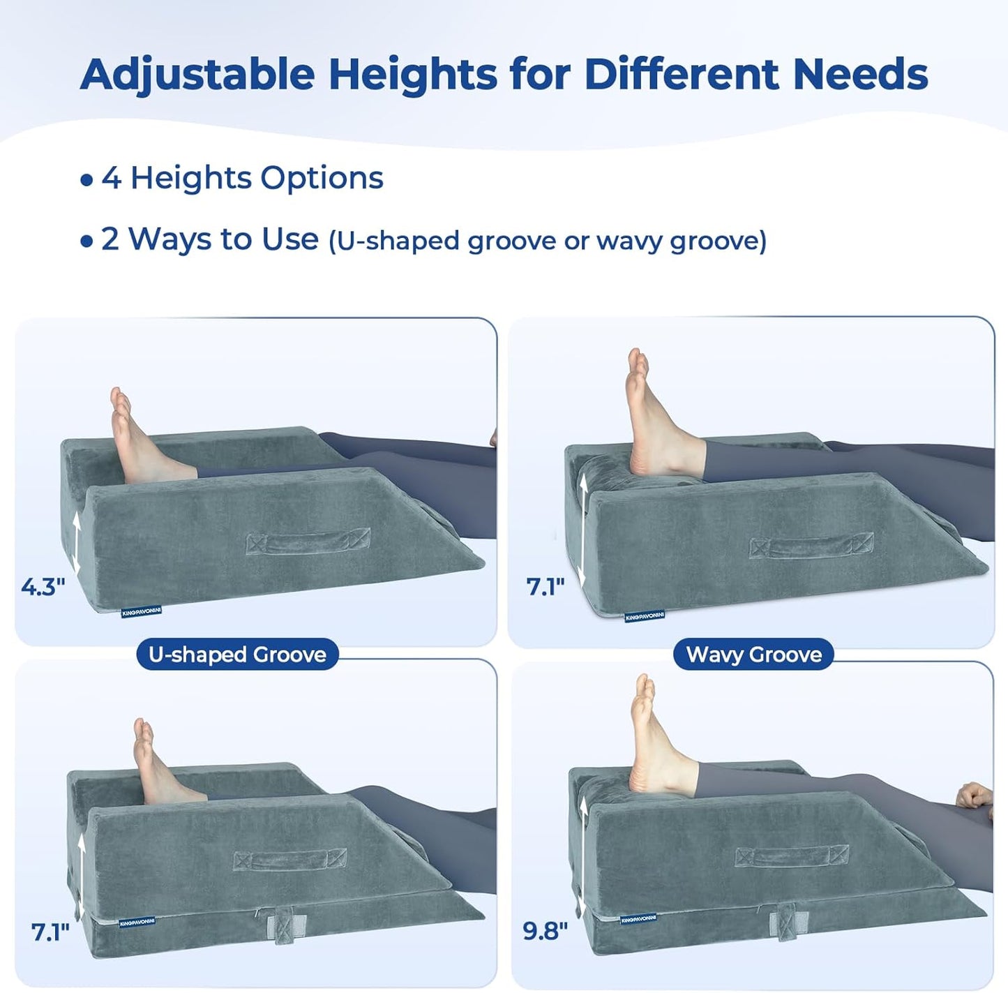 KingPavonini 4-Height Adjustable Leg Elevation Pillows for After Surgery | Soft Yet Supportive Memory Foam, Fits Various Heights, Relieve Pain & Swelling, 4 Handles & Insert Pad, Washable Velvet Cover