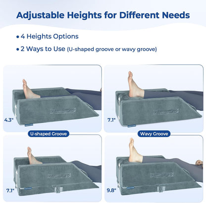 KingPavonini 4-Height Adjustable Leg Elevation Pillows for After Surgery | Soft Yet Supportive Memory Foam, Fits Various Heights, Relieve Pain & Swelling, 4 Handles & Insert Pad, Washable Velvet Cover