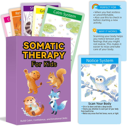 Somatic Therapy Cards for Kids, 52 Emotional Regulation Exercises Mindfulness, Calm, Focus & Coping Skills Therapy Tools for Home, School, Calm Down Corner Ages 5-12