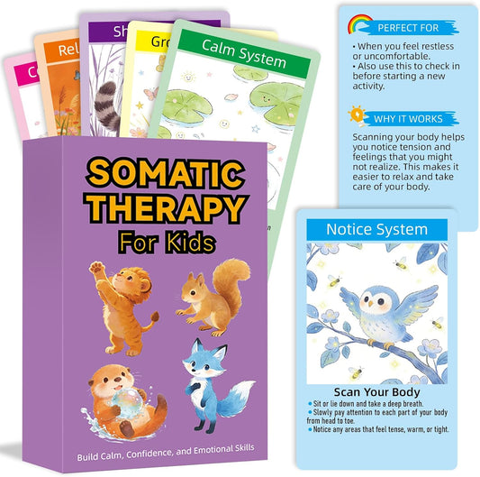 Somatic Therapy Cards for Kids, 52 Emotional Regulation Exercises Mindfulness, Calm, Focus & Coping Skills Therapy Tools for Home, School, Calm Down Corner Ages 5-12