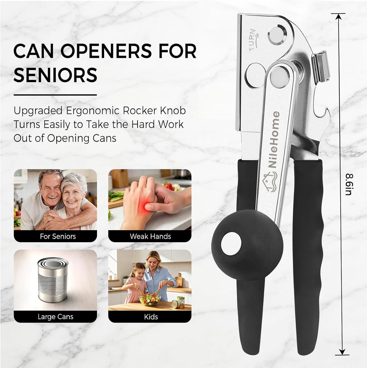 NileHome Commercial Hand Crank Can Opener with Extra-Long Handles, Black | Heavy Duty Durable, Built-In Magnet, Smooth Cranking, Manual Can Opener, Ideal for Large Cans, Senior-Friendly