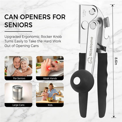 NileHome Commercial Hand Crank Can Opener with Extra-Long Handles, Black | Heavy Duty Durable, Built-In Magnet, Smooth Cranking, Manual Can Opener, Ideal for Large Cans, Senior-Friendly