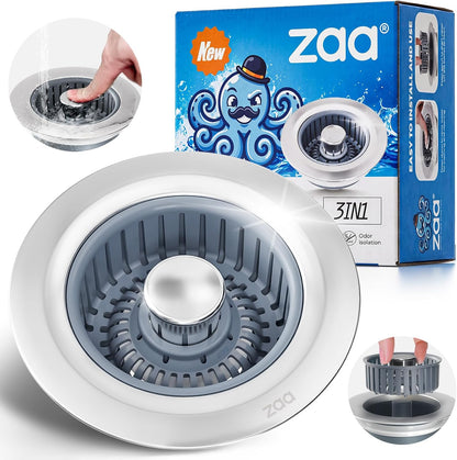 3 in 1 Kitchen Sink Drain Strainer Stopper Removable Basket Pop-Up | Kitchen Sink Food Strainer 1 Pack Silver Stainless - Food Catcher, Odor-Block Seal, Fits 3.5" Drain, Easy Clean