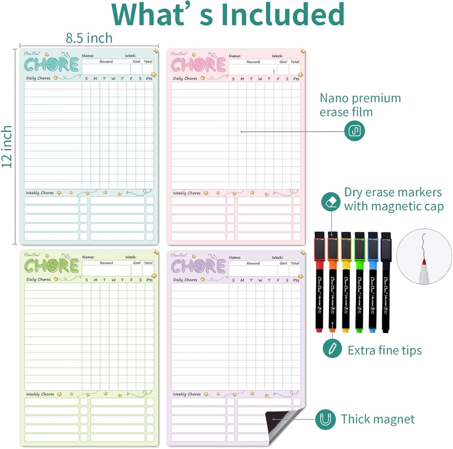 Magnetic Dry Erase Chore Chart - 8.5"x12" Behavior Responsibility Chore Board for Kids, Teenagers - 6 Extra Fine Point Markers Included - Shipped Flat 3 Pcs Blue Pink & Green