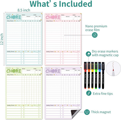Magnetic Dry Erase Chore Chart - 8.5"x12" Behavior Responsibility Chore Board for Kids, Teenagers - 6 Extra Fine Point Markers Included - Shipped Flat 3 Pcs Blue Pink & Green