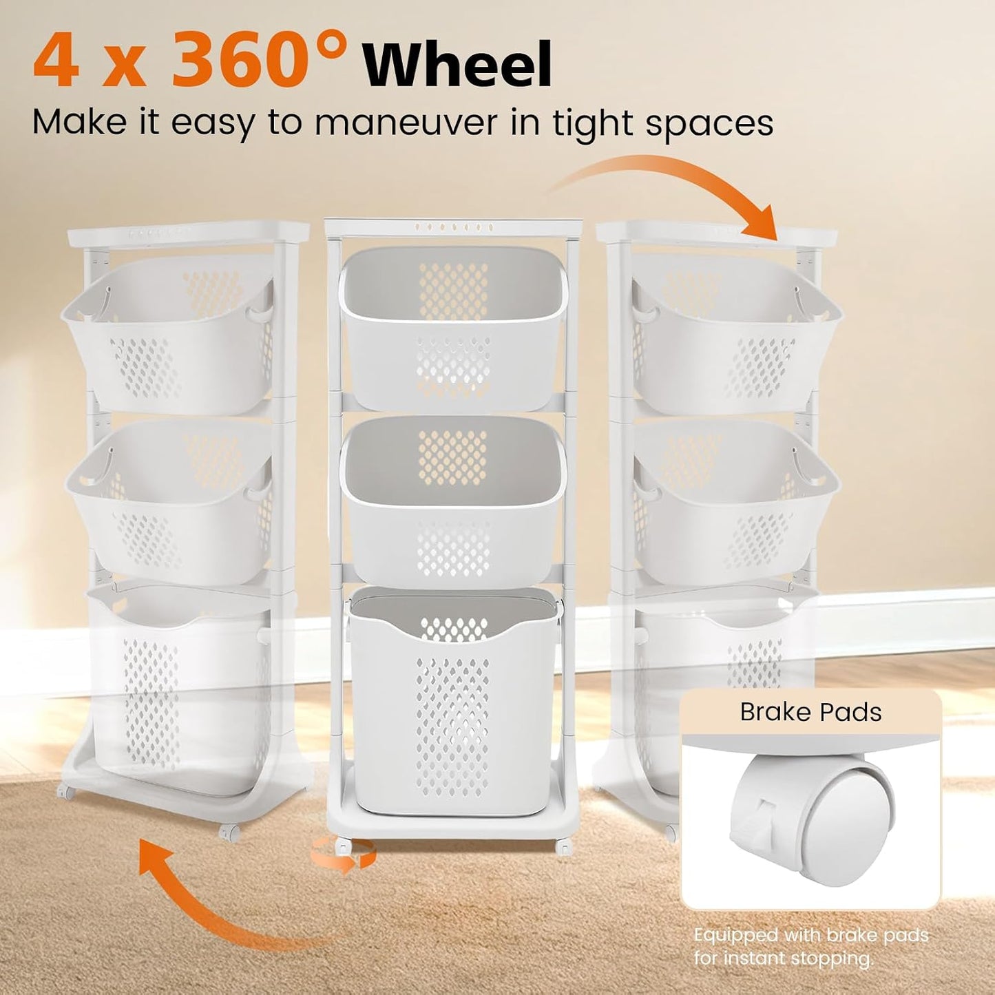 BAOKALER 4-Tier Laundry Hamper Sorter, Vertical Laundry Baskets with Wheel | Rolling Stackable Laundry Cart Removable, Organizer and Storage for Small Space, Dorm, Closet, Bathroom