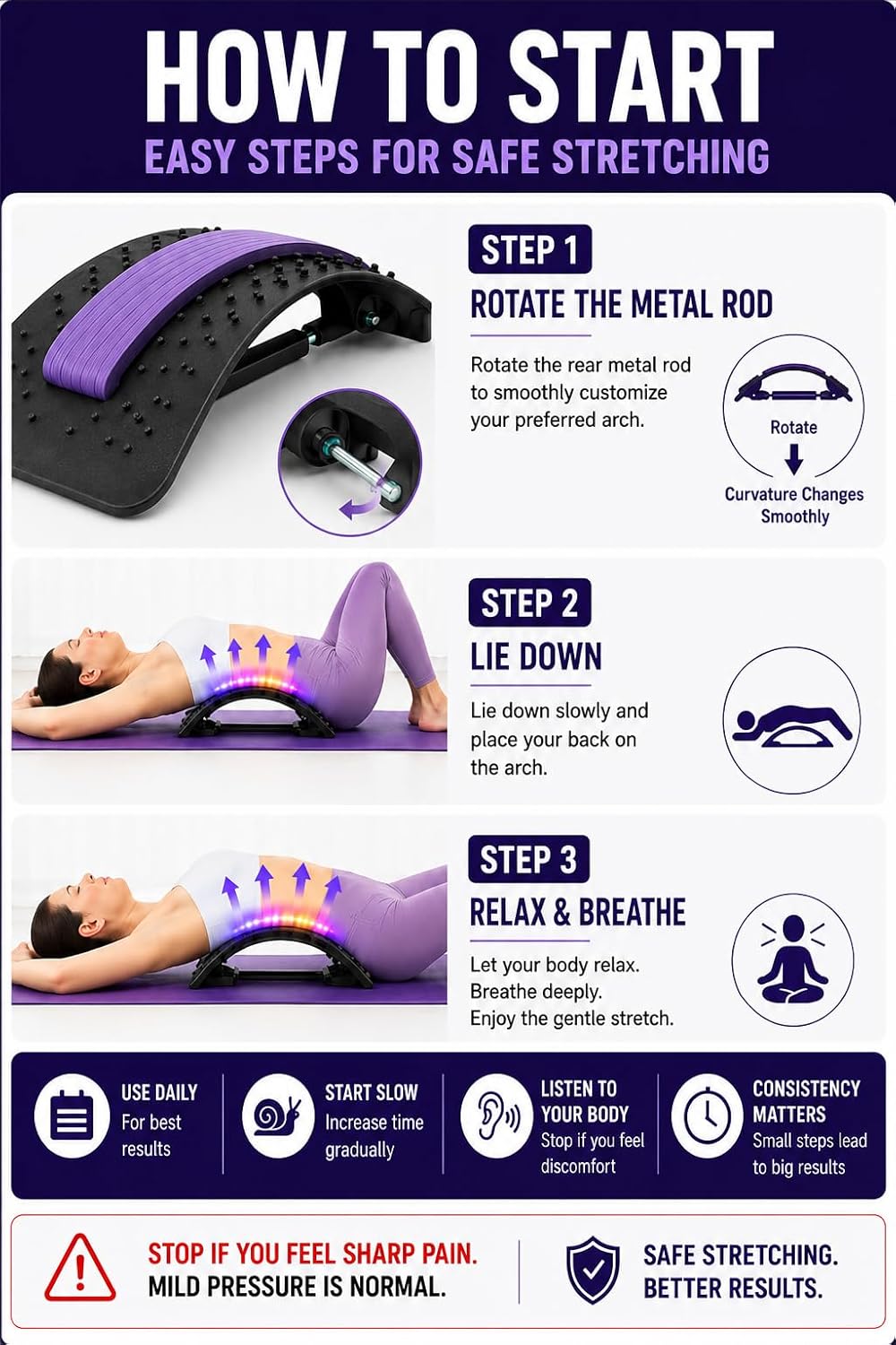 YAJIACLONE Back Stretcher for Lower Back, Adjustable Lumbar Stretch Device | Adjustable Arch | Infinitely Adjustable Metal Rod | Body-Weight Stretching | Stable PP Frame | Daily Mobility Support
