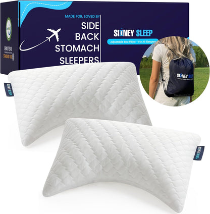 Sidney Sleep Adjustable Curved Pillows for Neck and Shoulder Support with Extra Shredded Fill - Cervical Contour Pillow for Side and Back Sleepers - Queen Size 19" x 29" CertiPUR-US Certified (White)