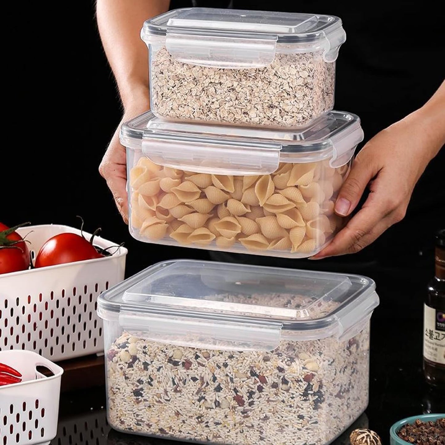 3Pack Fridge Food Storage Container Set with Lids with Strainer, Fruit Vegetable Storage Containers Keep Fruits, Vegetables, Berry, Meat Fresh longer, BPA-Free Plastic Produce Keepers