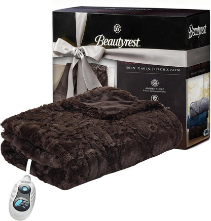 Beautyrest Long Brushed Faux Fur Ogee Textured Design Electric Blanket, Auto Shut Off, Virtually Zero EMF, Multi Heat Setting, UL Certified, Machine Washable, Grey Throw 50x60