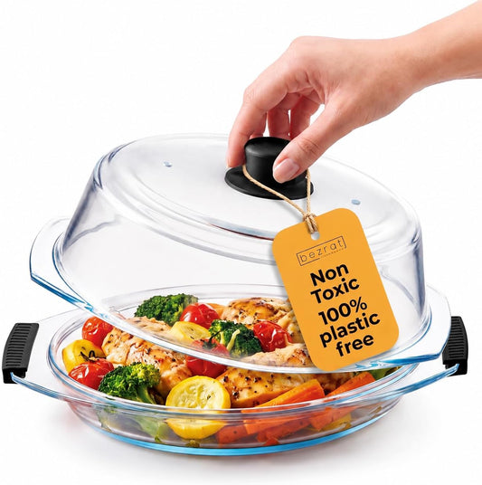 Bezrat 2in1 Glass Microwave Plate and Cover/Splatter Guard Lid, with Easy Grip silicone handle, 100% Food Grade, BPA Free and Dishwasher safe (Black)