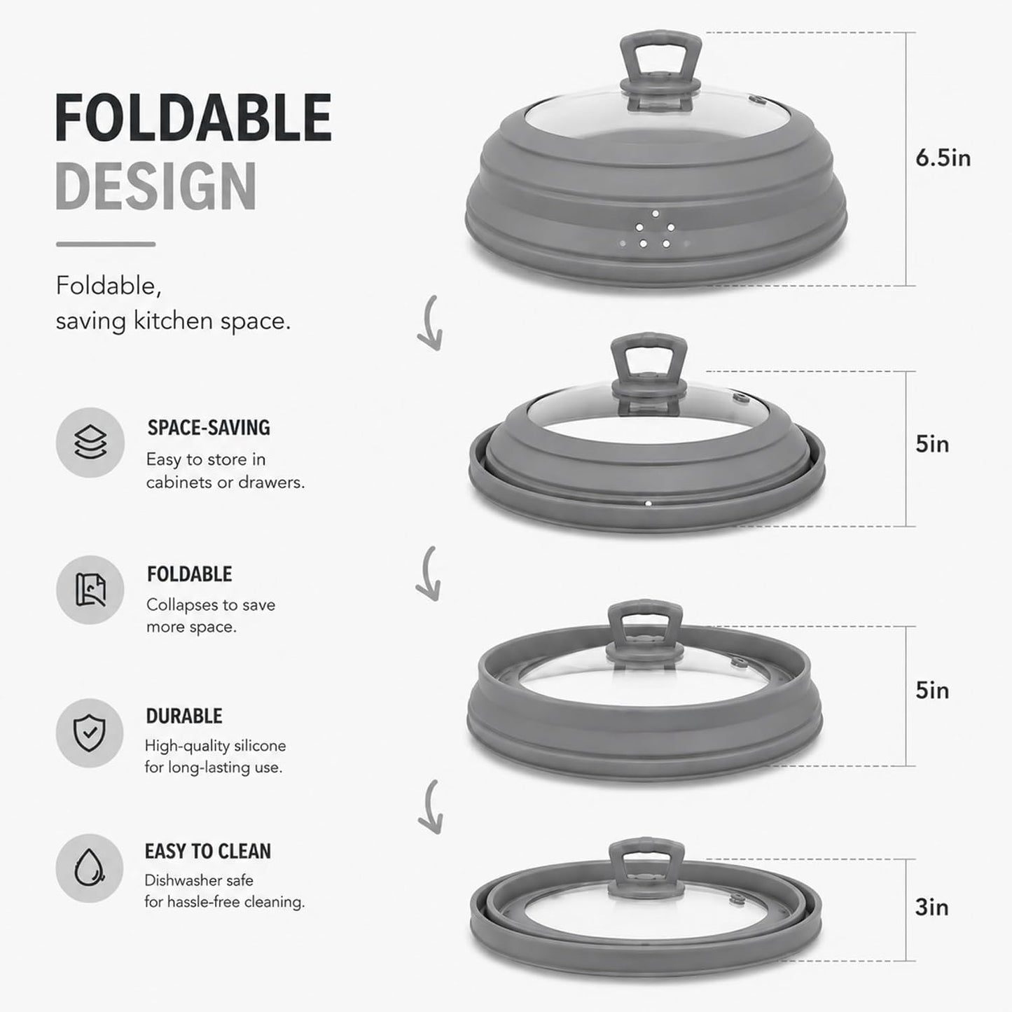Collapsible Microwave Splatter Cover, Vented Glass Silicone Lid with Heat resistant Handle, Fit Plates Bowls Pots, Safe for Microwave Convection Oven Steamer Dishwasher（grey 11.8in）