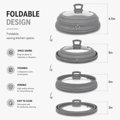 Collapsible Microwave Splatter Cover, Vented Glass Silicone Lid with Heat resistant Handle, Fit Plates Bowls Pots, Safe for Microwave Convection Oven Steamer Dishwasher（grey 11.8in）