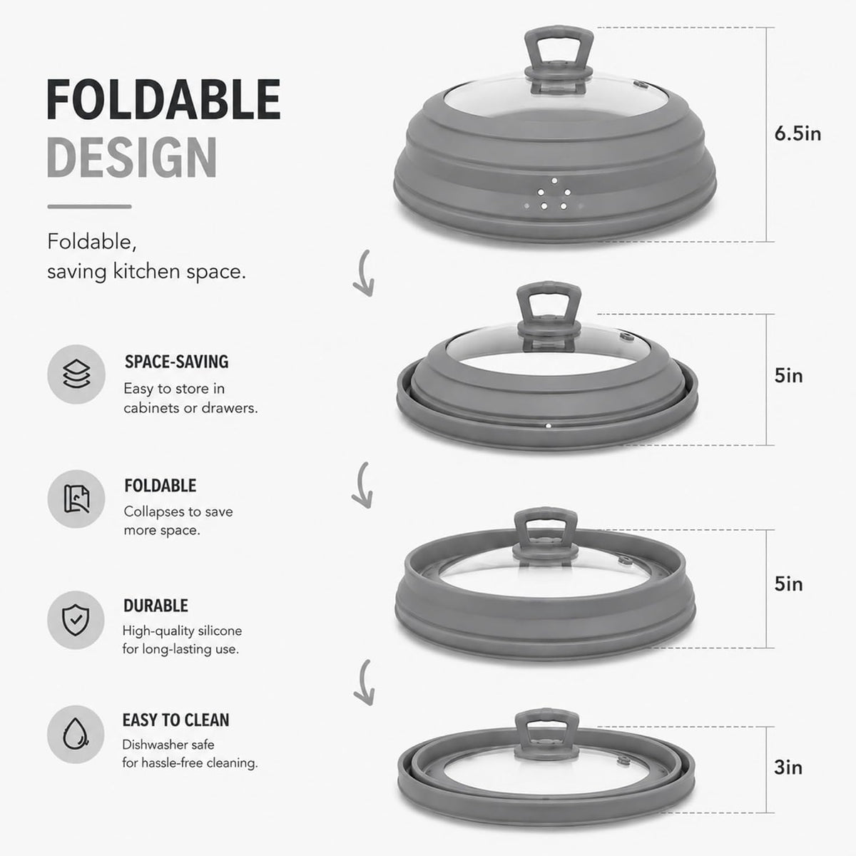 Collapsible Microwave Splatter Cover 11.8 Inch - Oversized Glass Silicone Microwave Cover for Food, Vented Plate Lid with Heat Resistant Handle, Dishwasher Safe (Grey)