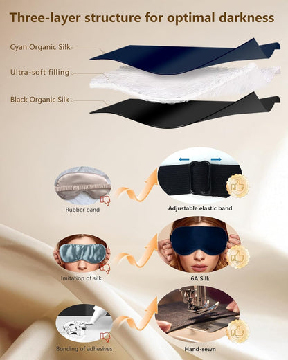 Silk Sleep Mask for Women and Men - Soft Breathable Organic Natural Mulberry Silk Fabric Blackout Eye Mask with Adjustable Straps No Pressure Eye Mask for Travel Essentials Gifts (Black)
