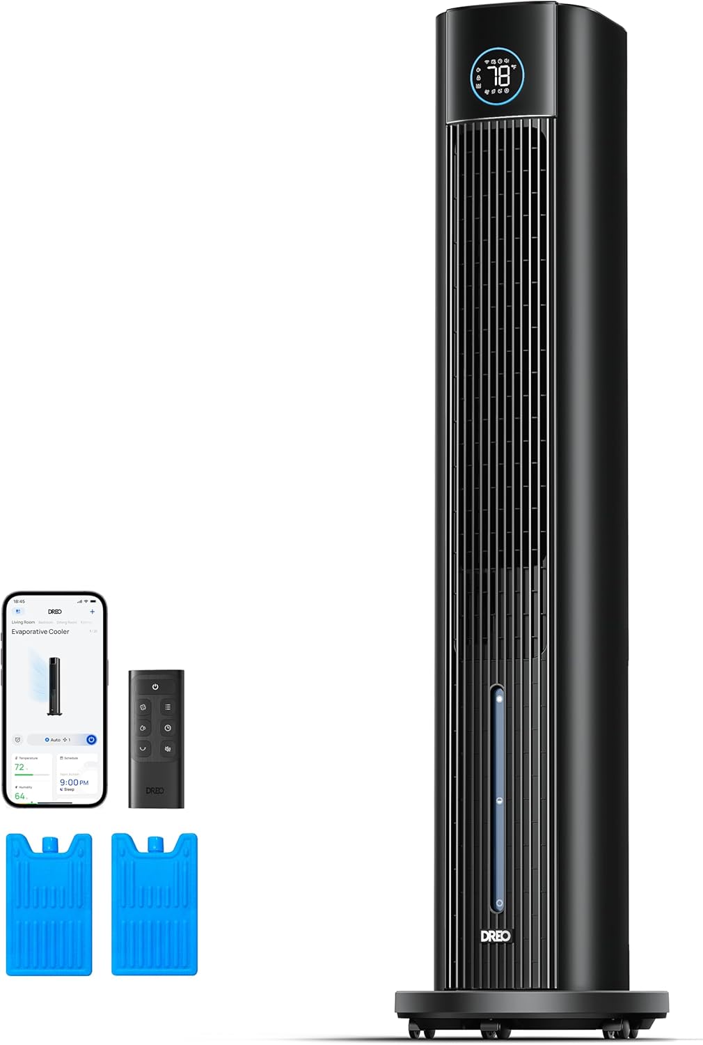 DREO Tower Fan for Bedroom, 43" Cooling Fans That Blow Cold Air 2025 Upgraded, Evaporative Air Cooler, Quiet 85° Oscillating Floor Fan, Easy Cleaning, APP Control, 4 Modes & 4 Speeds, Ink Black
