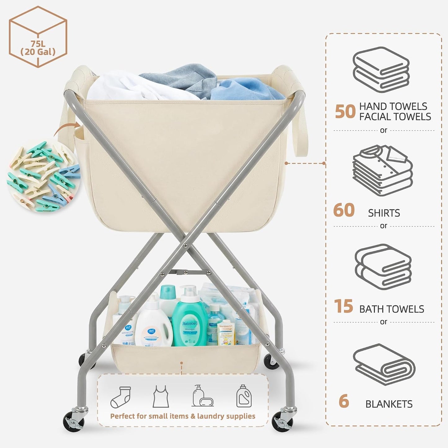 STORAGE MANIAC Collapsible Laundry Cart with Wheels 35.6"H Removable Canvas Bag Rolling Laundry Hamper Clothes Basket with Wheels, Sturdy Steel Frame Folding for Small Narrow Space Easy Storage, Beige