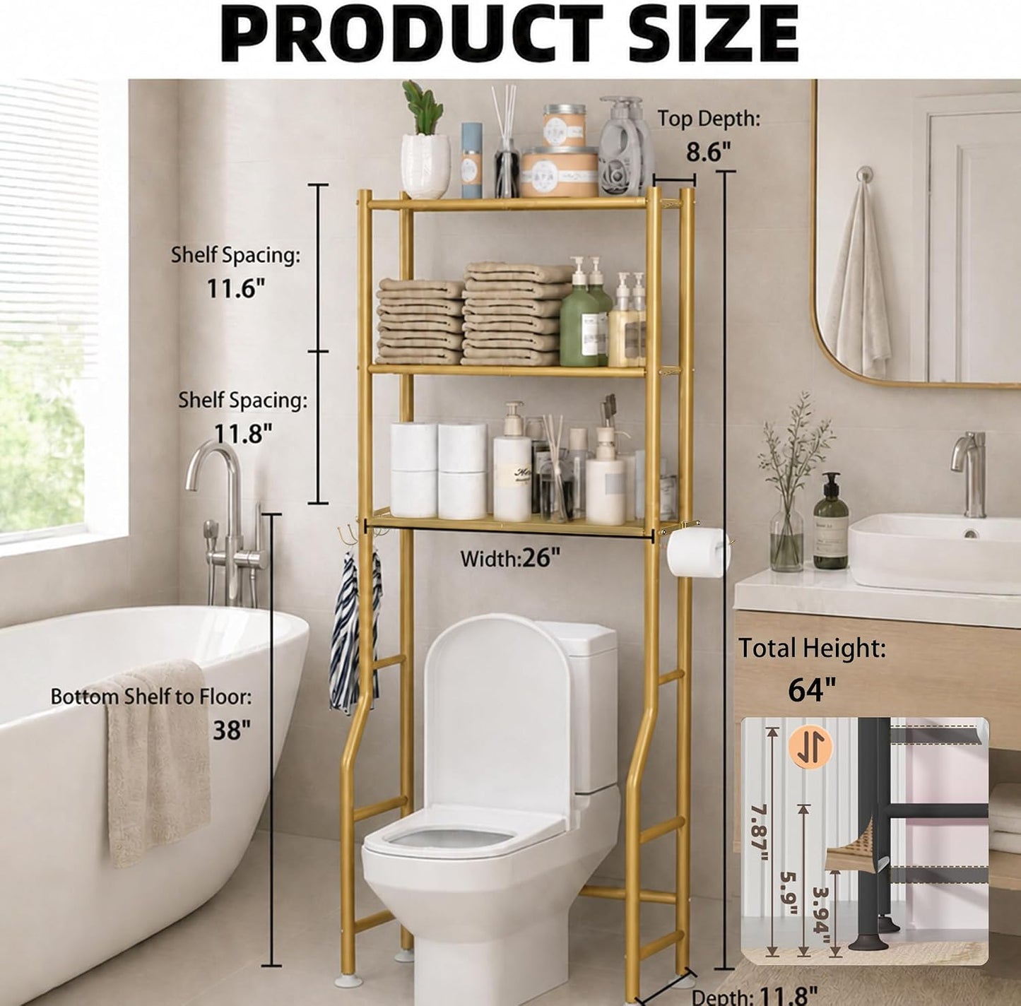 GloTika 3-Tier Over Toilet Storage, Anti-Tilt, 64" H, Black | Anti-Tilt Safety System, 150lb Capacity, Carbon Steel, Freestanding, No Drilling, Anti-Rust Coating, Paper Holder & 4 Hooks