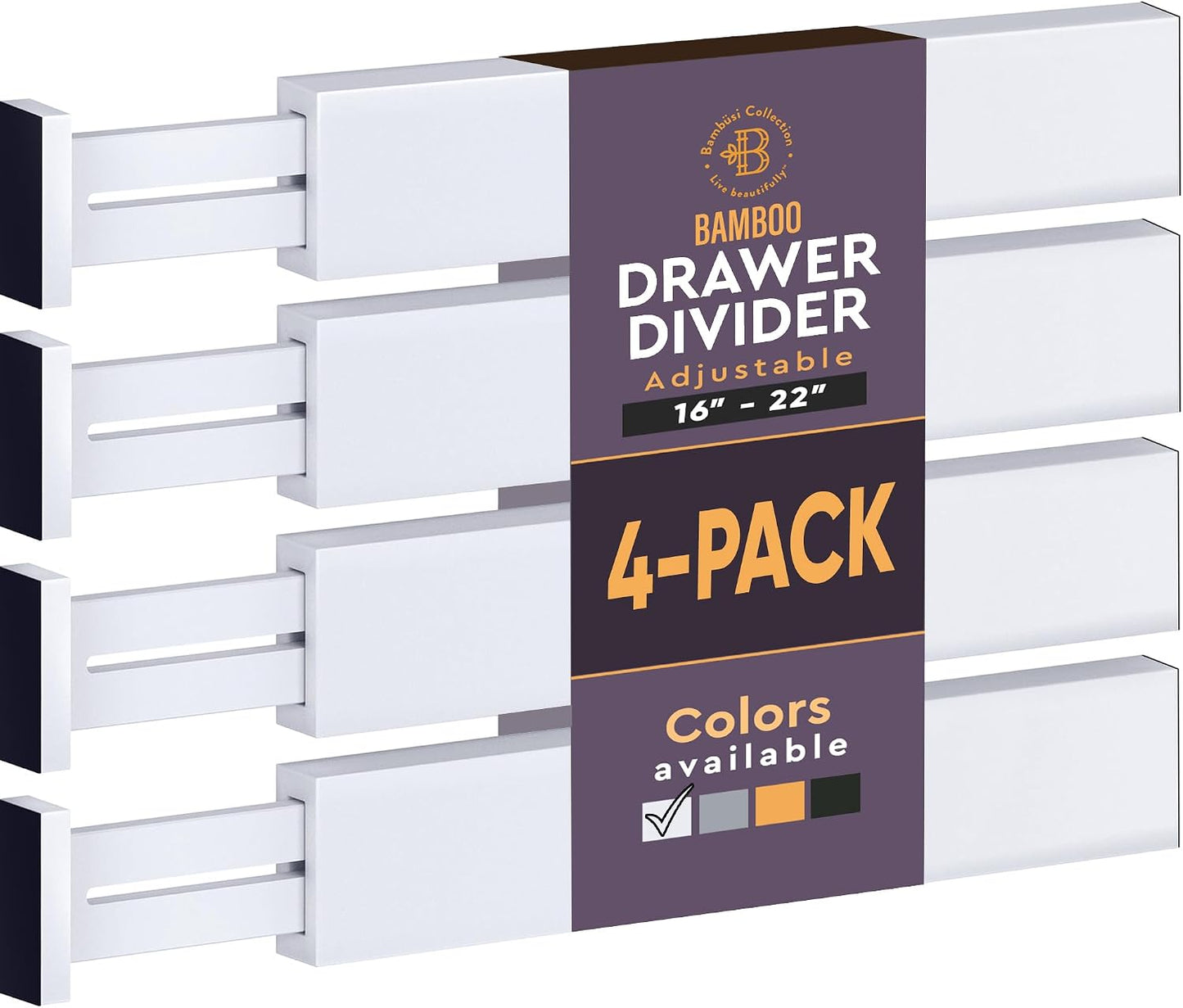 4-Pack Drawer Dividers 2.6-Inch High Dresser Organizer 16 to 22 Inch, Black | Bamboo, Spring Loaded, No Tools Needed, Fits Wide Drawers for Socks, Clothes, Utensils, Bedroom, Bathroom, Kitchen, Office