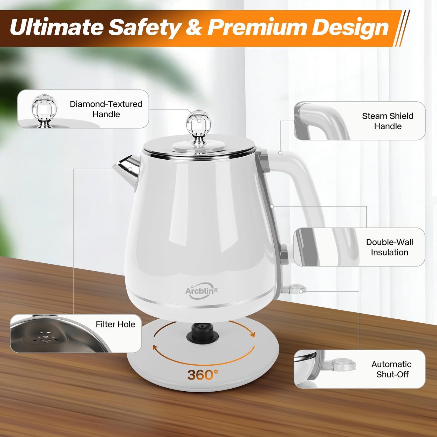 Electric Kettle 1.8L, Arcblin Retro Electric Tea Kettle for Boiling Water, 1350W Fast Boil, Stainless Steel Interior, BPA Free, Automatic Shut Off, Boil-Dry Protection, Pearl White