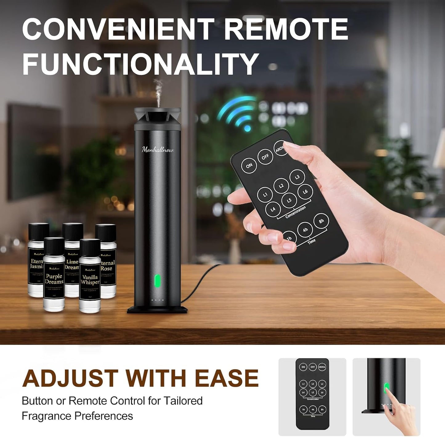 Waterless Scent Diffuser Starter Kit – 1000 Sq Ft Coverage, Suitable for Home & Hotel Series Diffuser, Includes 5 Scent Oils, Remote Control, Large Room Essential Oil Diffuser, Ultra Black
