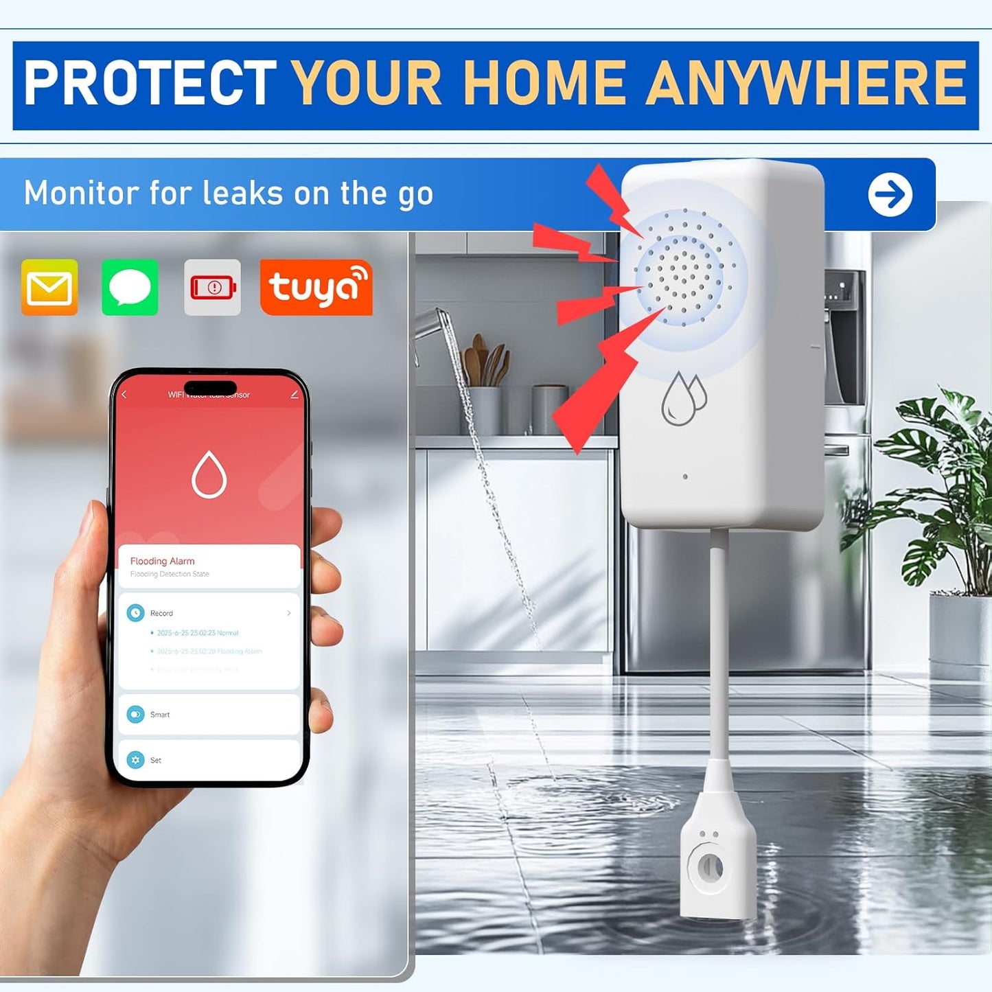 BSEED WiFi Water Leak Detector, Smart Water Sensor with Cable, 85dB Audio/App/SMS/Email Alarm, Rapid Leak Detection for Home, Kitchen, Bathroom, Basement, IP65 Waterproof, No Hub Required,1 Pack