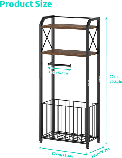 HapiRm Freestanding Toilet Paper Holder - 4-Tier Bathroom Tissue Organizer with Wood Shelves and Large Basket, Toilet Paper Holder Stand for Bathroom, Laundry Room, Apartment - Black（Large）