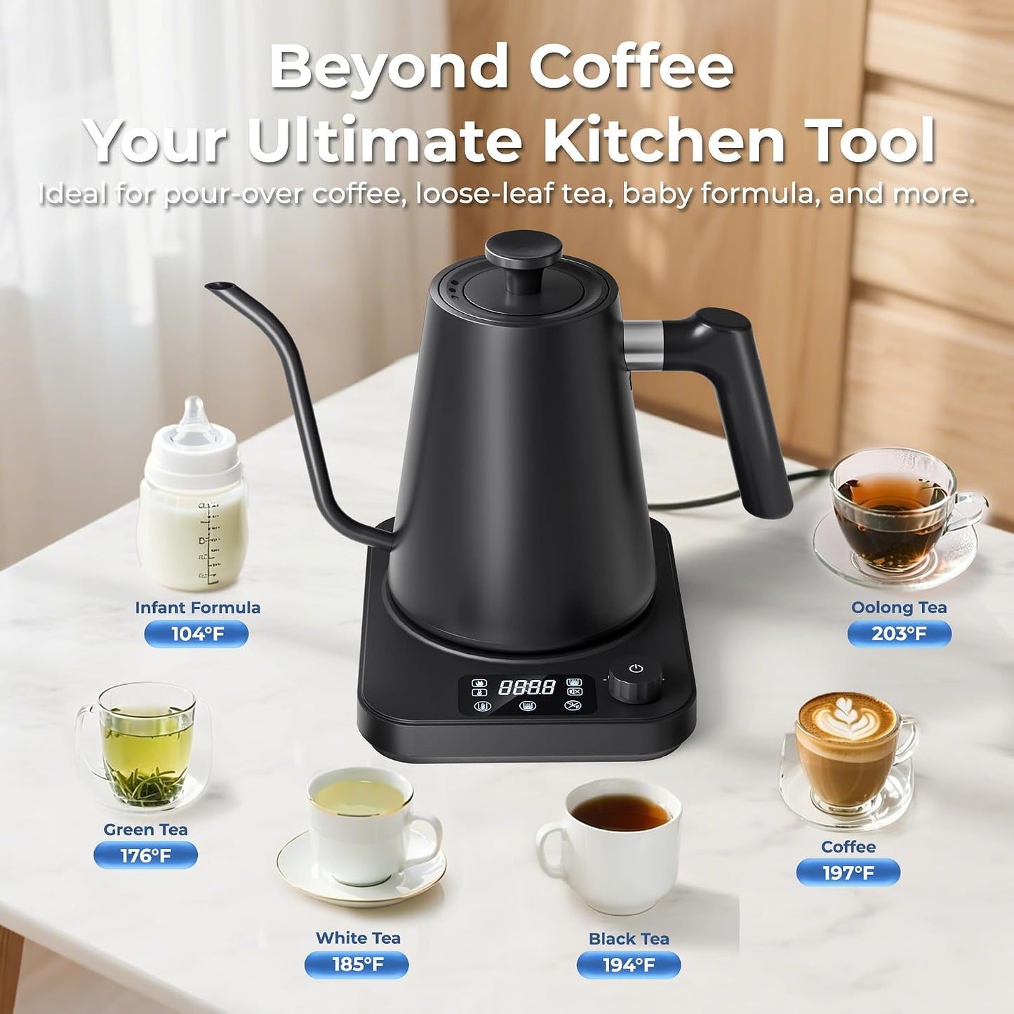 Gooseneck Electric Kettle, ±1°F Temperature Control Electric Kettle, 1.0L 1200W Fast Heating, 24H Keep Warm, 30Min Auto Memory, Food Grade Stainless Steel, Pour Over Kettle for Coffee and Tea