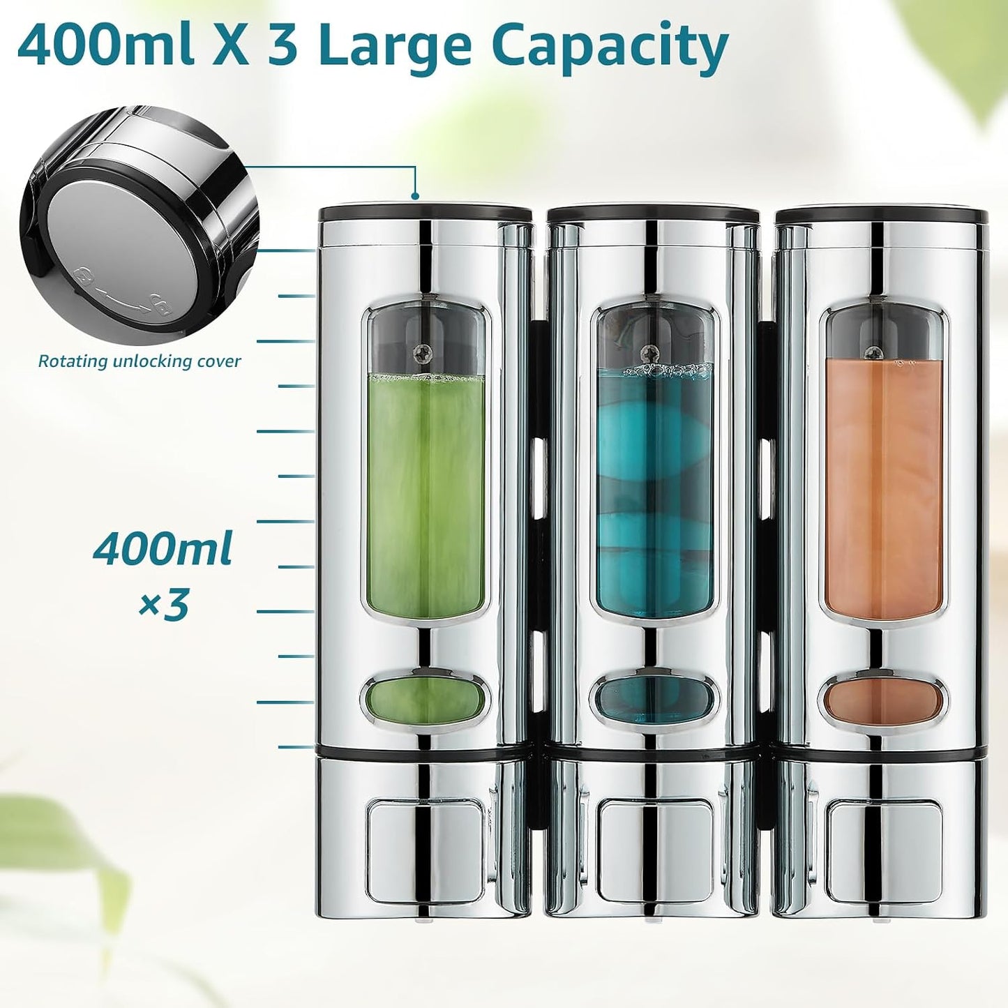 Pollock Shampoo and Conditioner Dispenser Wall Mounted,400ML*3 Chamber | Shower Soap Dispenser No Drilling,Refillable Shampoo Dispenser for Shower,Body Wash Dispenser for Bathroom,White