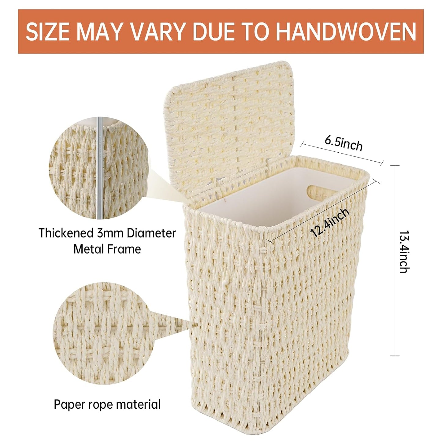 Coeusy 3 Gallon Wicker Trash Can,Small Bathroom Trash Can with Lid,Natural Water Hyacinth Wicker Waste Basket for Bedroom,Toilet,Narrow Garbage Can with Removable Liner