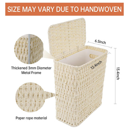 Coeusy 3 Gallon Wicker Trash Can,Small Bathroom Trash Can with Lid,Natural Water Hyacinth Wicker Waste Basket for Bedroom,Toilet,Narrow Garbage Can with Removable Liner