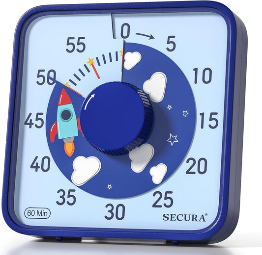 Secura 60-Minute Visual Countdown Timer, 7.5-Inch Oversize Classroom Visual Timer for Kids and Adults, Durable Mechanical Kitchen Timer Clock with Magnetic Backing (Dark Blue)