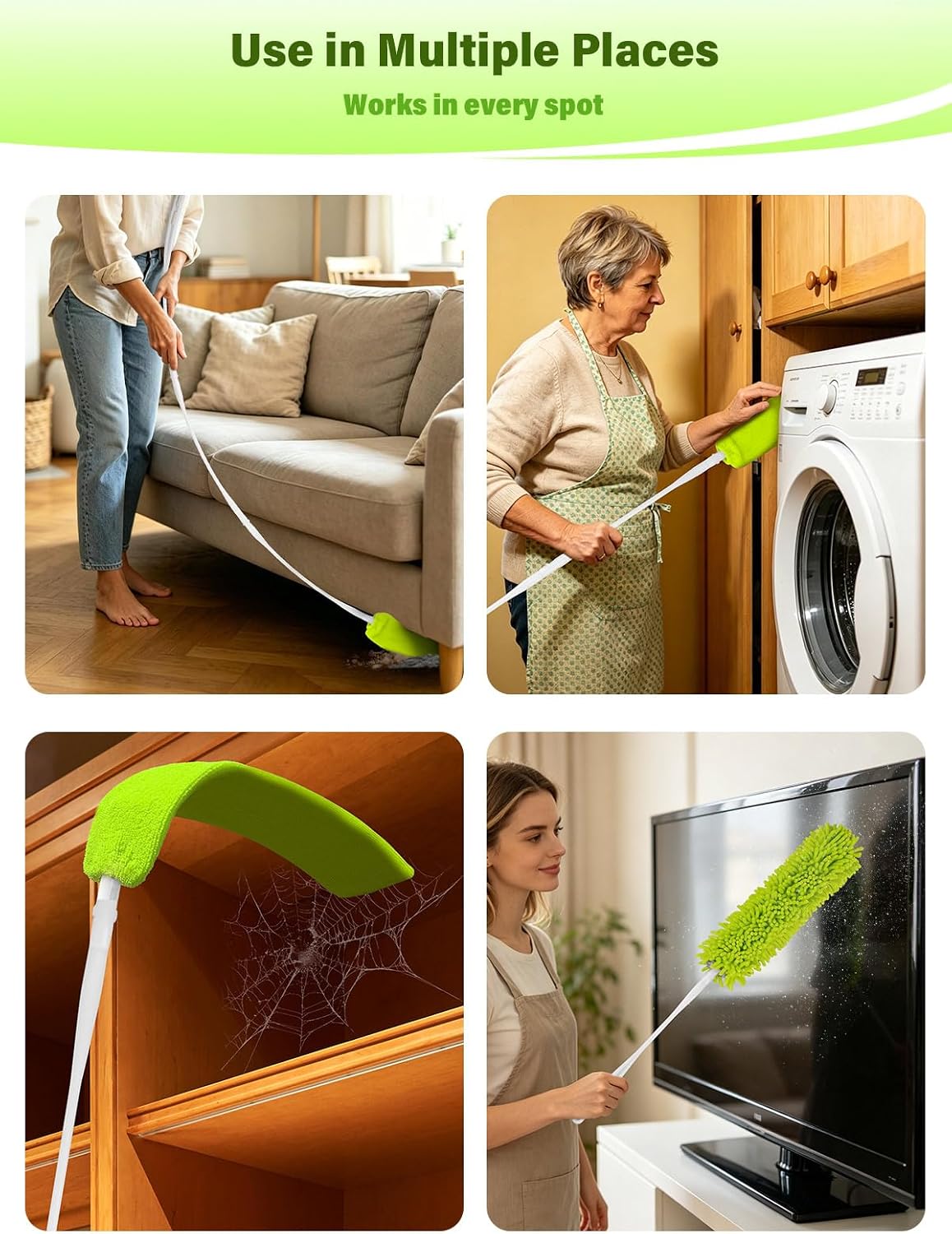 Bend-Free Gap Dust Cleaner Cleaning Tools Washable Flat Duster Brush with 4 Microfiber Chenille Dusting Cloths Long Handle 56 inches for Cleaning Under Appliances Furniture Couch Bed Fridge