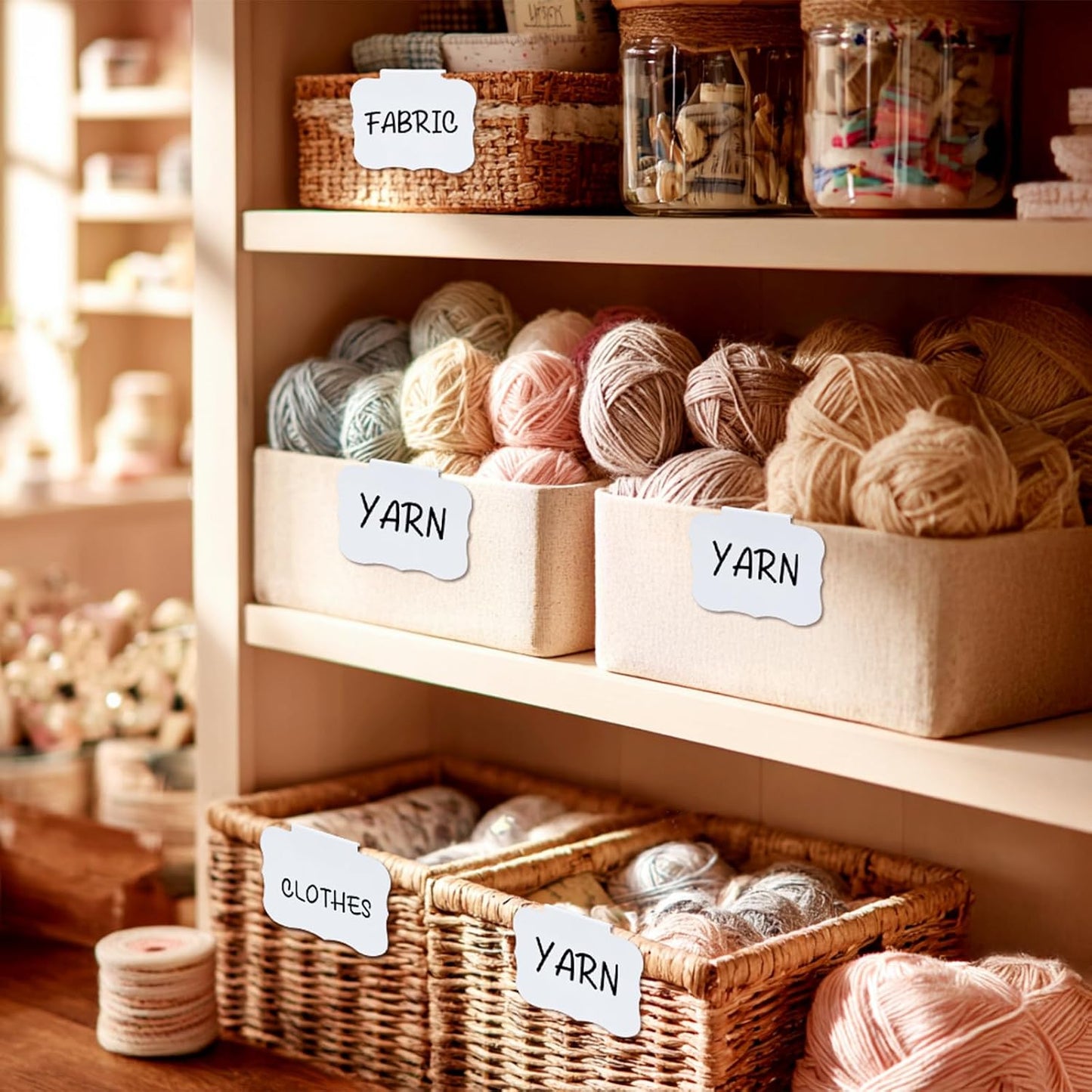 12pcs White Basket Labels Removable PVC Labels | Clip On for Storage Bins, Removable PVC Labels for Baskets with Holders, 3.5x2.7 Inches