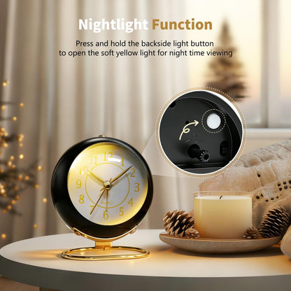 Analog Alarm Clock, Retro Small Desk Clock with Night Light, Backlight Cute Simple Design, Silent Non-Ticking, Battery Powered, Clock for Bedroom,Travel,Kitchen,Bedside Desktop Decor