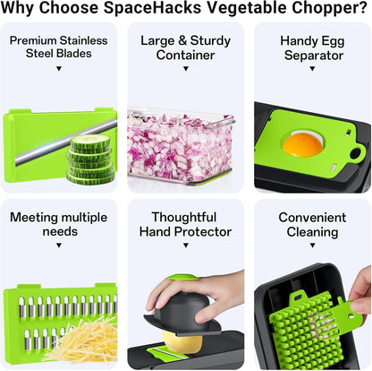 12-in-1 Vegetable Chopper with 7 Blades, Food Veggie Cutter, Green | Includes Egg Separator, Food Container and Finger Guard, Non-slip Base, for Chopping, Slicing, Shredding, and Mincing