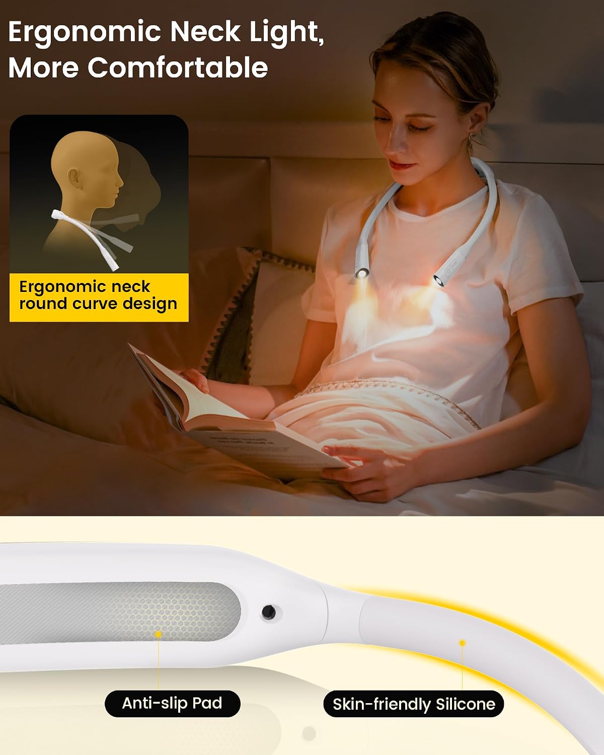 Glocusent Neck Book Light, Rechargeable Neck Lights for Crafts Reading | 1200mAh, Hands Free, 5 Colors, 5 Brightness, Lightweight, Book Lovers Gifts, Ergonomic, Bendable, Knitting, Repairing, Reader