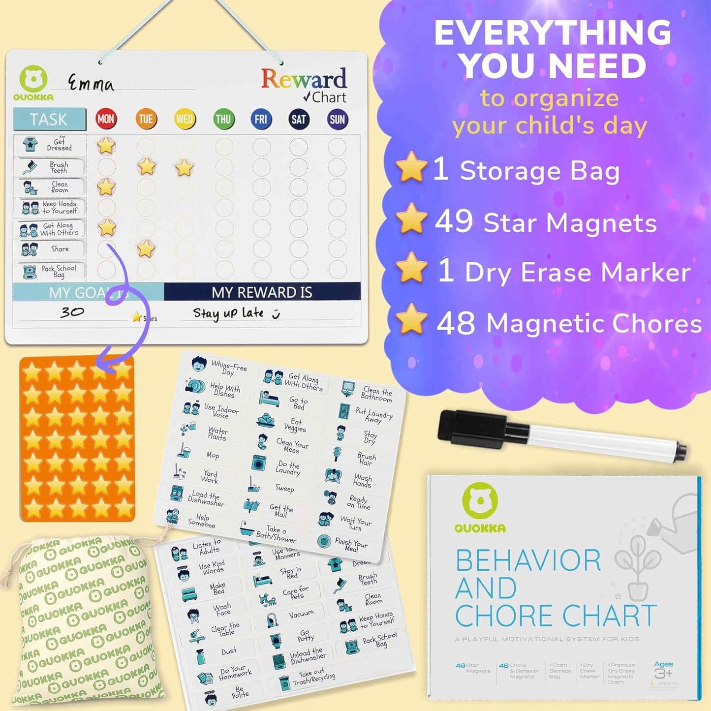 Magnetic Chore Chart for Kids - Reward Behavior Chart for Kids at Home | Dry Erase Morning Routine Schedule Board - Responsibility Star Chart for Toddlers 3-5 - 48 Magnets and 49 Stars