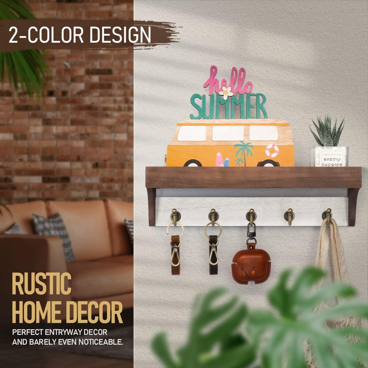 Rebee Vision Key Holder Wall Mount with 5 Hooks for Entryway, Retro Brown | Display Shelf for Plant & Letters, Key Shelf for Hats, Dog Leashes, Mail Organizer, Decorative Entryway & Living Room