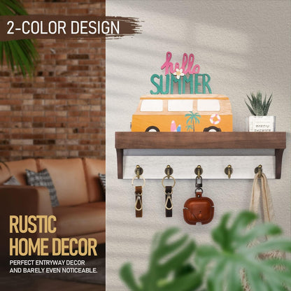 Rebee Vision Key Holder Wall Mount with 5 Hooks for Entryway, Retro Brown | Display Shelf for Plant & Letters, Key Shelf for Hats, Dog Leashes, Mail Organizer, Decorative Entryway & Living Room
