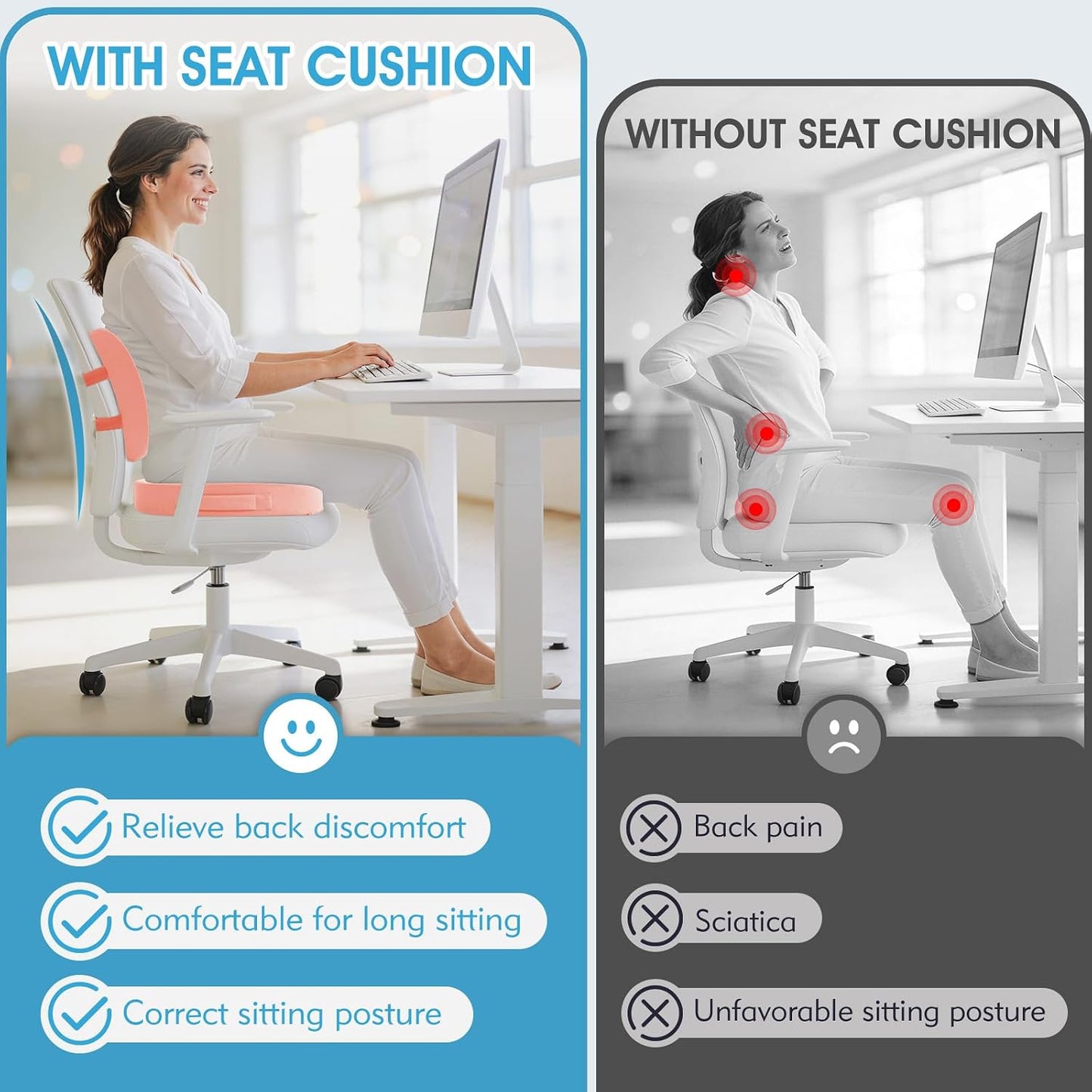 CushZone Ergonomic Seat Cushion & Lumbar Support Pillow - Memory Foam for Sciatica Pain Relief & Posture Correction, Non-Slip Chair Cushions for Office Chair/Car/Wheelchair/Travel (Black)