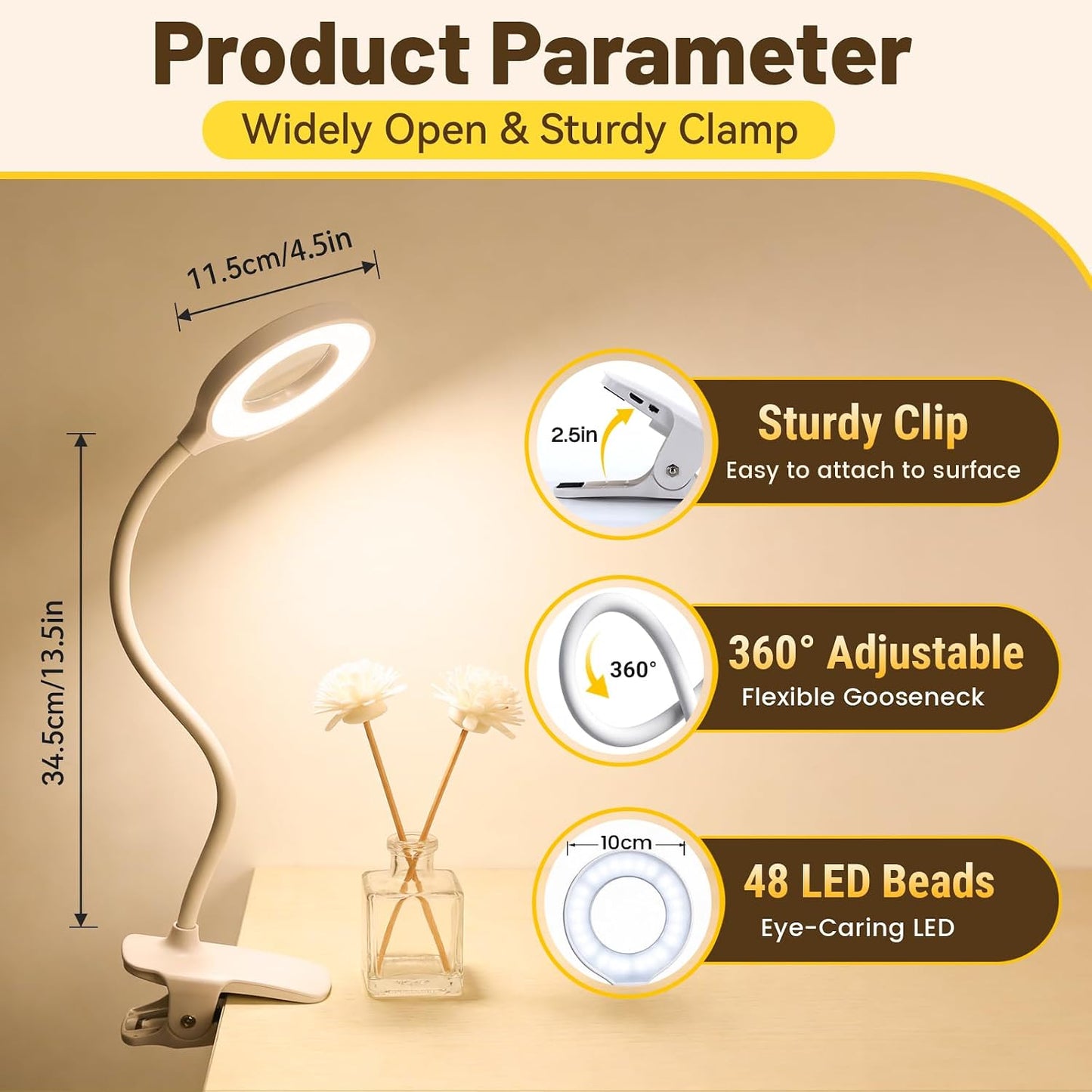 Clip on Reading Light for Bed Headboard, 5 Colors & 5 Brightness, Black | Rechargeable Battery with Large Clamp, Flexible Neck Desk Lamp, Eye Protection LED Touch Control Book Light for Kids